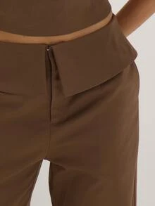 MUSEYN Brown Chocolate Woven Folded Waistband Wide Leg Trousers Structured Tailored Polished Everyday Office Fall New Season Capsule Wardrobe - Brown - View 2