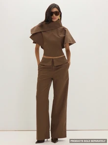 MUSEYN Brown Chocolate Woven Folded Waistband Wide Leg Trousers Structured Tailored Polished Everyday Office Fall New Season Capsule Wardrobe - Brown - View 1