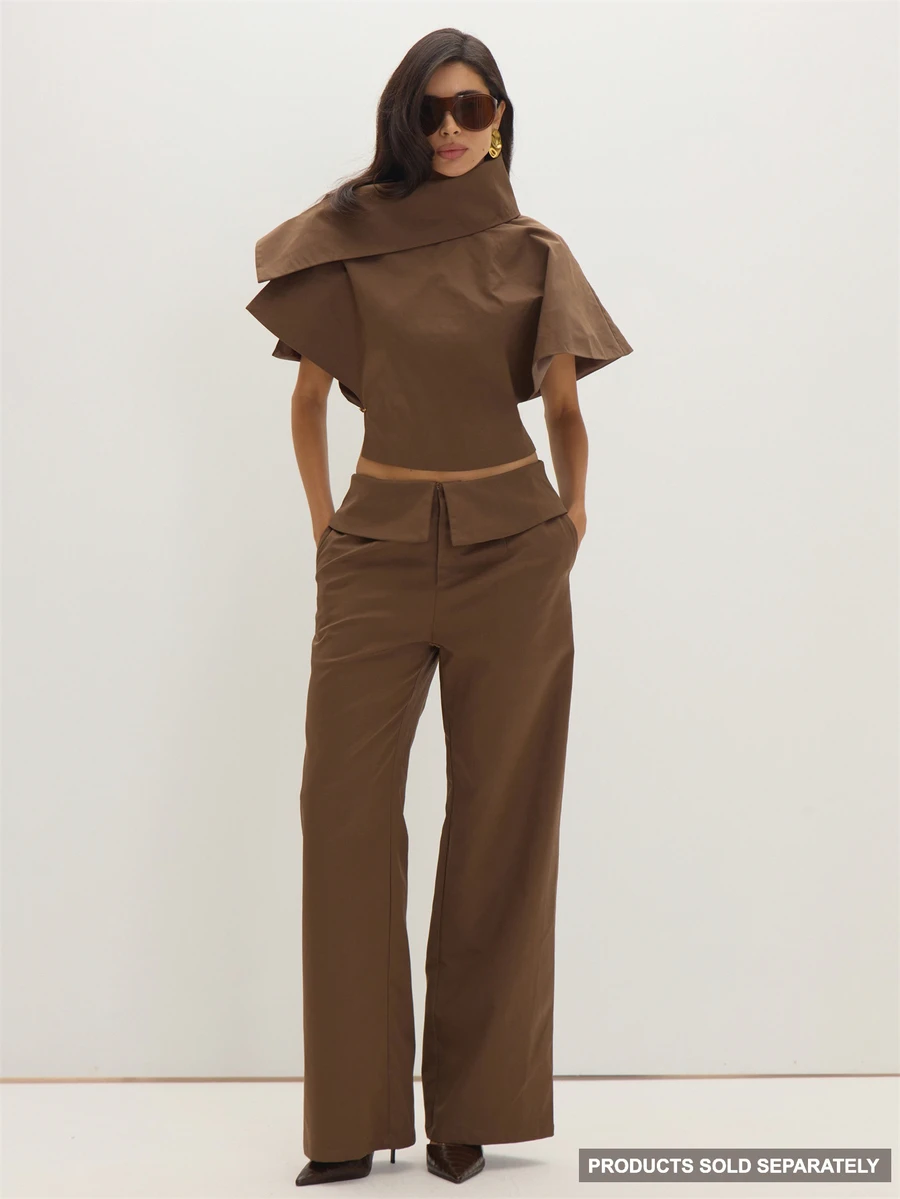 MUSEYN Brown Chocolate Woven Folded Waistband Wide Leg Trousers Structured Tailored Polished Everyday Office Fall New Season Capsule Wardrobe - Brown - View 1