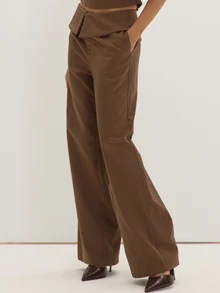 MUSEYN Brown Chocolate Woven Folded Waistband Wide Leg Trousers Structured Tailored Polished Everyday Office Fall New Season Capsule Wardrobe - Brown - View 4