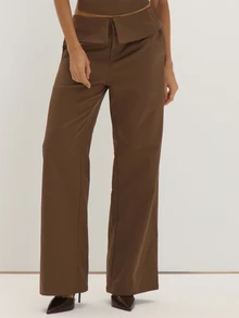 MUSEYN Brown Chocolate Woven Folded Waistband Wide Leg Trousers Structured Tailored Polished Everyday Office Fall New Season Capsule Wardrobe - Brown - View 3