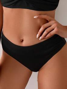 SHEIN Swim 女士夏季海灘時尚簡約純色比基尼下著 - 黑色 - 查看 4