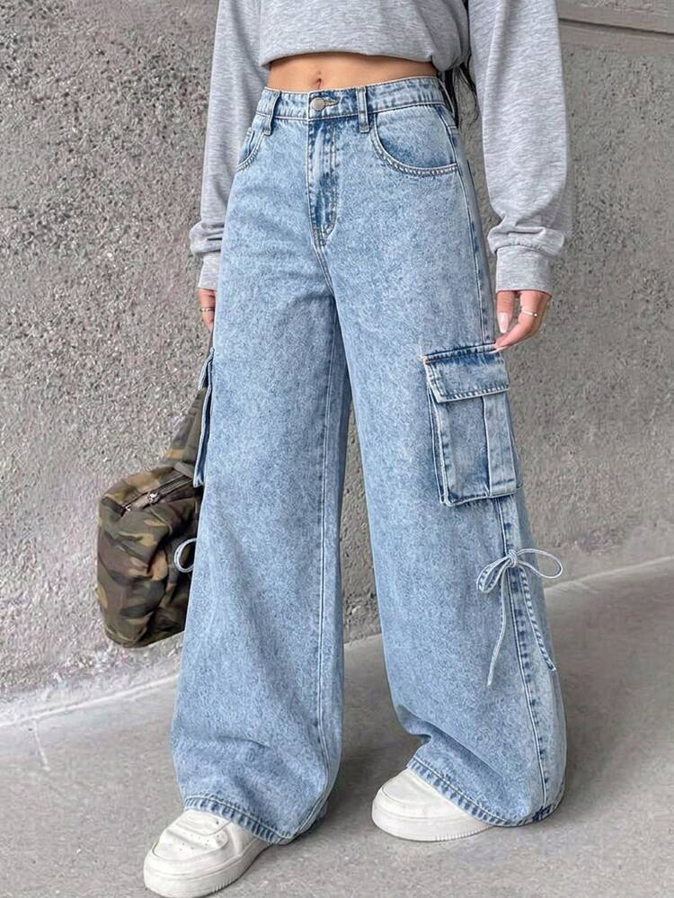 SHEIN Teen Girl Y2k Pockets And Bowknot Design Light Blue Loose Workwear Jeans For Black To School - Blue - View 1