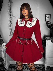 Whyspr Gaun Kemeja Merah Ukuran Besar dengan Motif Bahu dan Blok Warna, Pinggang Terikat, Gaya Gelap untuk Awal Musim Gugur - Burgundy - View 6