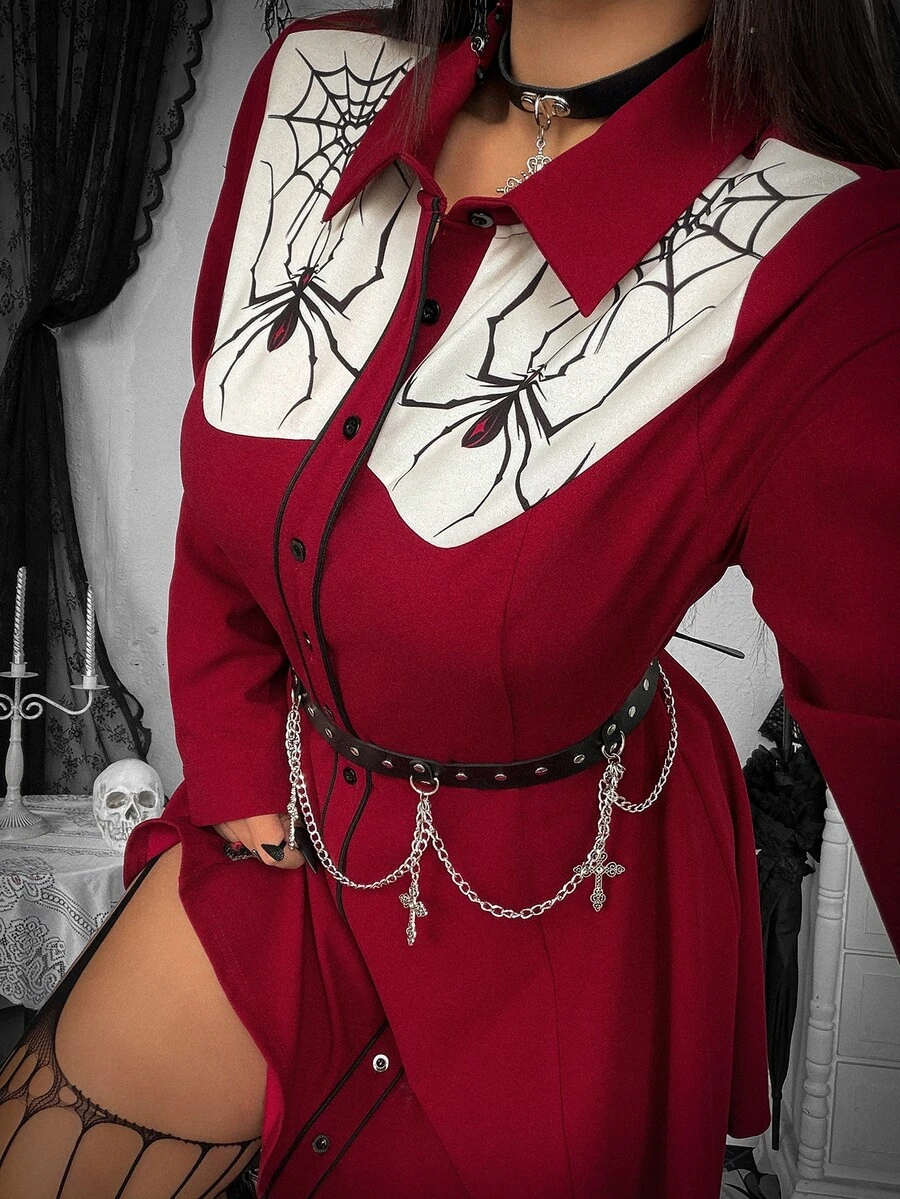 Whyspr Gaun Kemeja Merah Ukuran Besar dengan Motif Bahu dan Blok Warna, Pinggang Terikat, Gaya Gelap untuk Awal Musim Gugur - Burgundy - View 1