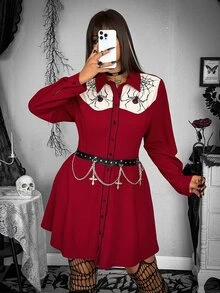 Whyspr Gaun Kemeja Merah Ukuran Besar dengan Motif Bahu dan Blok Warna, Pinggang Terikat, Gaya Gelap untuk Awal Musim Gugur - Burgundy - View 8
