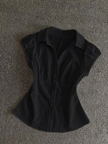 IslaSuriya 女款夏季極簡純色單排扣收腰襯衫 - 黑色 - 查看 3