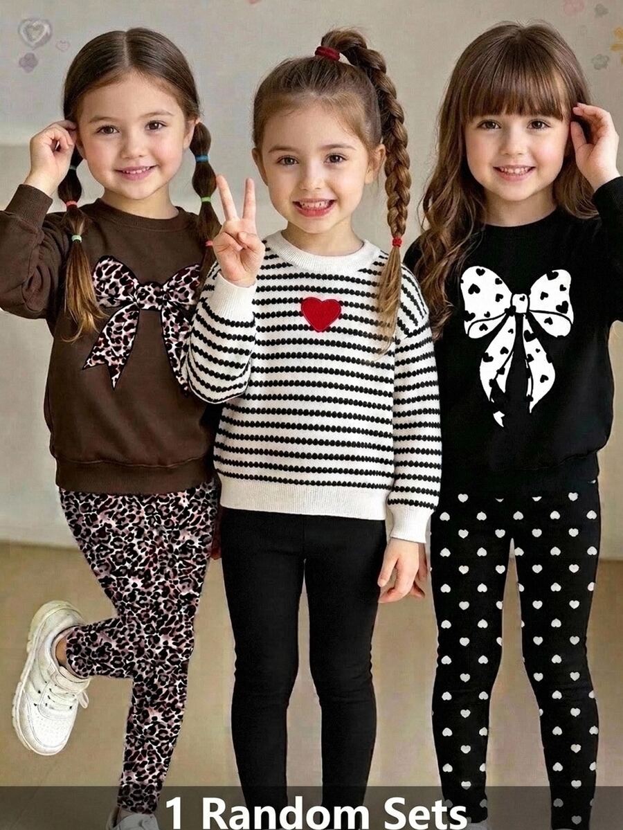 SHEIN Setelan Baju Sweatshirt Musim Gugur dan Legging Pinggang Elastis untuk Anak Perempuan: Bordir 2pcs, Motif Garis-garis Bertekstur Hati, Kerah Bulat, Bahan Fleece, dan Legging Musim Gugur. - MultiWarna - View 1