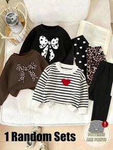 SHEIN 女童刺繡 2 件套 紋理條紋愛心圖案圓領長袖抓絨秋季運動衫與鬆緊腰打底褲套裝 - 彩色 - 查看 1