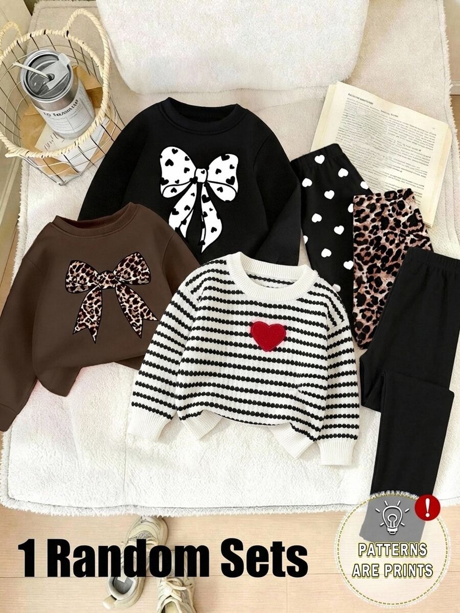 SHEIN 女童刺繡 2 件套 紋理條紋愛心圖案圓領長袖抓絨秋季運動衫與鬆緊腰打底褲套裝 - 彩色 - 查看 1
