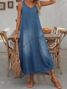 EMERY ROSE EMERY ROSE Women's Light Blue Casual 2000s 80s Sleeveless Denim Dress, Autumn Boho Loose Tank Dress With Asymmetric Buttons, Patch Pocket Bubble Hem - Blue - View 10