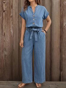 EMERY ROSE EMERY ROSE Women's Light Blue Denim Jumpsuit, New Style Elegant Casual Design, Niche French Style, V Neck Half Placket Button Front, Cuffed Short Sleeve Work - Blue - View 2