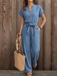 EMERY ROSE EMERY ROSE Women's Light Blue Denim Jumpsuit, New Style Elegant Casual Design, Niche French Style, V Neck Half Placket Button Front, Cuffed Short Sleeve Work - Blue - View 3