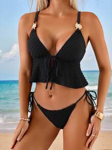 Swim Lushoire Women's 2 Pieces Swimwear Set, Ruched Waist Front Tie Metal Decor Tankini Swimwear For Beach Vacation - Black - View 1