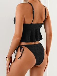 Swim Lushoire Women's 2 Pieces Swimwear Set, Ruched Waist Front Tie Metal Decor Tankini Swimwear For Beach Vacation - Black - View 5