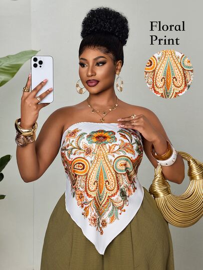Maweii Women's Plus Size Paisley Print Bandana Tube Top, White Floral Paisley Scarf Style Strapless Retro