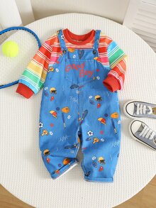 SHEIN 2件組嬰兒男女幼兒條紋秋季上衣+牛仔吊帶褲冬季套裝萬聖節服飾 - 彩色 - 查看 4
