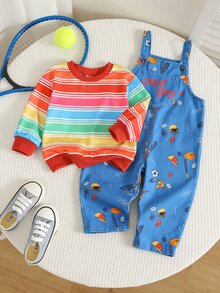 SHEIN 2件組嬰兒男女幼兒條紋秋季上衣+牛仔吊帶褲冬季套裝萬聖節服飾 - 彩色 - 查看 9