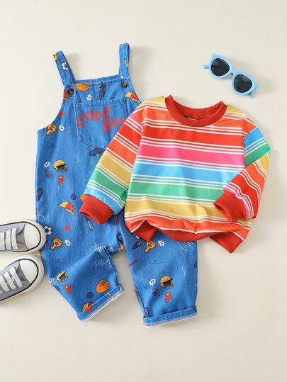 SHEIN 2 piezas Conjunto de ropa para bebé niño y niña, top a rayas de otoño + peto de mezclilla, ropa de invierno para Halloween