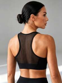 Sirith Women's Solid Color Contrast Mesh Daily Fitness Sports Bra - Black - View 6