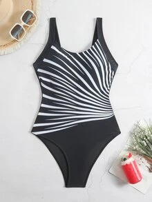 Swim Lushoire 1 件女式黑白条纹图案印花圆领宽肩带简约休闲连体泳衣 - 黑與白 - 查看 6
