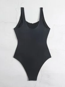 Swim Lushoire 1 件女式黑白条纹图案印花圆领宽肩带简约休闲连体泳衣 - 黑與白 - 查看 7