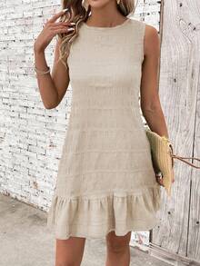 Breezaya Women Solid Color Round Neck Ruffle Hem Sleeveless Dress - Apricot - View 4