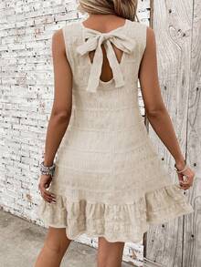 Breezaya Women Solid Color Round Neck Ruffle Hem Sleeveless Dress - Apricot - View 5