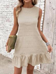 Breezaya Women Solid Color Round Neck Ruffle Hem Sleeveless Dress - Apricot - View 6