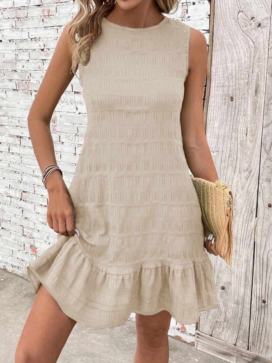 Breezaya Women Solid Color Round Neck Ruffle Hem Sleeveless Dress - Apricot - View 1