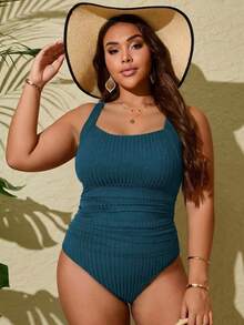 Swim Lushoire Plus Size One-Piece Wide Ribbed Fabric Ruched Abdomen Scoop Neck Swimsuit, Suitable For Summer Vacation And Beach - Teal Blue - View 5