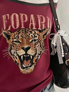 Collagica Collagica Summer Outing Top, Animal Tiger Burgundy T-Shirt, Cold Shoulder Mid-Length Sleeve T-Shirt, Casual Elegant Style, Comfortable Fit, Shopping, Commuting - Multicolor - View 4