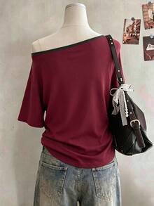 Collagica Collagica Summer Outing Top, Animal Tiger Burgundy T-Shirt, Cold Shoulder Mid-Length Sleeve T-Shirt, Casual Elegant Style, Comfortable Fit, Shopping, Commuting - Multicolor - View 2