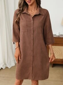 EMERY ROSE Women's Solid Color Rolled Sleeve Single-Breasted Casual Pocket Shirt Dress Autumn Outfit For Women Women's Winter Clothing Brown Dress - Brown - View 4