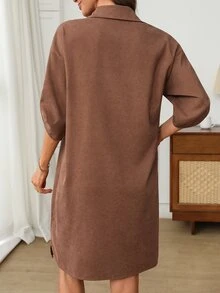 EMERY ROSE Women's Solid Color Rolled Sleeve Single-Breasted Casual Pocket Shirt Dress Autumn Outfit For Women Women's Winter Clothing Brown Dress - Brown - View 2