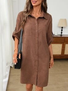 EMERY ROSE Women's Solid Color Rolled Sleeve Single-Breasted Casual Pocket Shirt Dress Autumn Outfit For Women Women's Winter Clothing Brown Dress - Brown - View 3