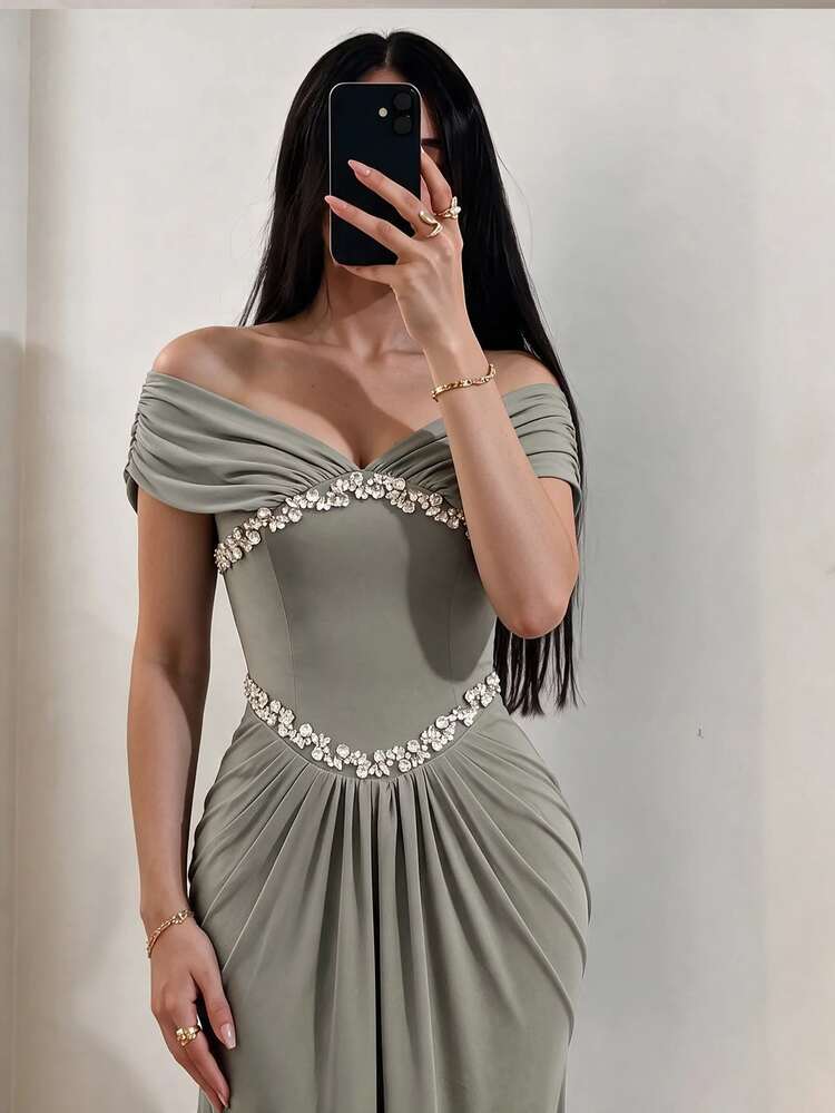 Modelyn 女款超細天鵝絨露肩前胸水鑽條紋長款正式晚禮服（重工風格） - 灰藍色 - 查看 3