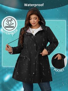 Reflora جاكيت نسائي أنيق مقاس كبير باللون الأسود بأكمام طويلة وغطاء رأس وأزرار للخريف/الشتاء للارتداء اليومي - الأسود - مشاهدة 8