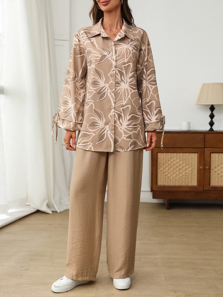 EMERY ROSE Women's Printed Contrast Color Button Shirt And Elastic Waist Long Pants 2 Pieces Set - Black - View 7