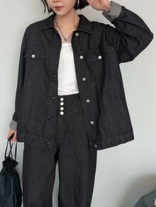 FRIFUL Women's Single-Breasted Long Sleeve Top And Pants Casual Daily Denim Set Fall - Black - View 17