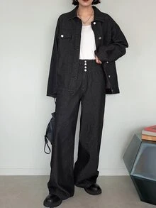 FRIFUL Women's Single-Breasted Long Sleeve Top And Pants Casual Daily Denim Set Fall - Black - View 11