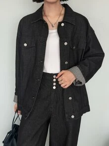 FRIFUL Women's Single-Breasted Long Sleeve Top And Pants Casual Daily Denim Set Fall - Black - View 16