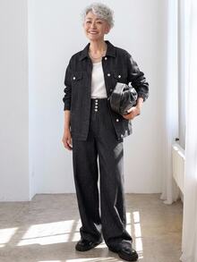 FRIFUL Women's Single-Breasted Long Sleeve Top And Pants Casual Daily Denim Set Fall - Black - View 10