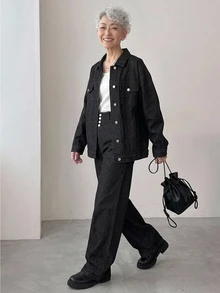 FRIFUL Women's Single-Breasted Long Sleeve Top And Pants Casual Daily Denim Set Fall - Black - View 5