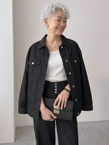 FRIFUL Women's Single-Breasted Long Sleeve Top And Pants Casual Daily Denim Set Fall - Black - View 7