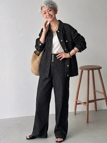FRIFUL Women's Single-Breasted Long Sleeve Top And Pants Casual Daily Denim Set Fall - Black - View 4