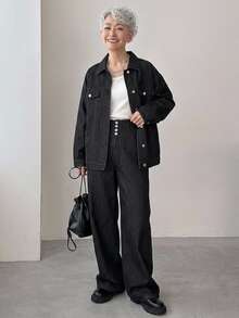 FRIFUL Women's Single-Breasted Long Sleeve Top And Pants Casual Daily Denim Set Fall - Black - View 1