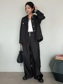 FRIFUL Women's Single-Breasted Long Sleeve Top And Pants Casual Daily Denim Set Fall - Black - View 14