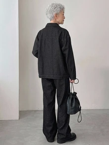 FRIFUL Women's Single-Breasted Long Sleeve Top And Pants Casual Daily Denim Set Fall - Black - View 2