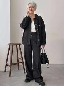 FRIFUL Women's Single-Breasted Long Sleeve Top And Pants Casual Daily Denim Set Fall - Black - View 3